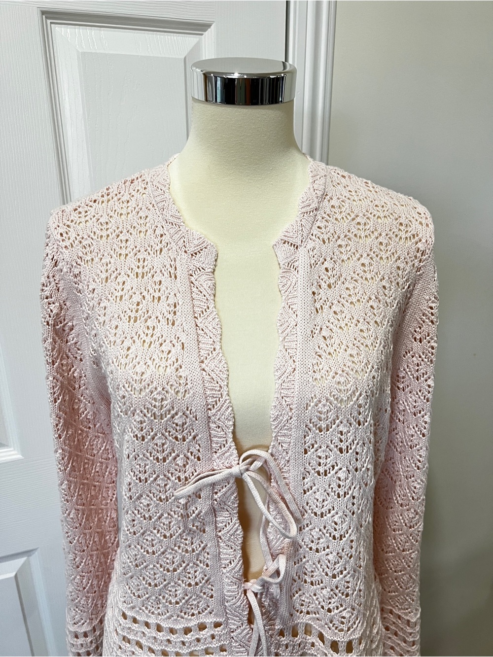 Crochet Bell Sleeve Sweater Front Tie Closure Light Pink Size Large Cotton Knit - Picture 9 of 12